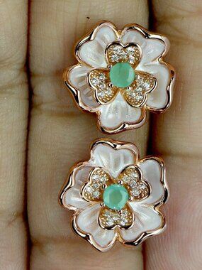 14k rose gold/ 925 silver enamel camelia flower with emerald stone stud earrings